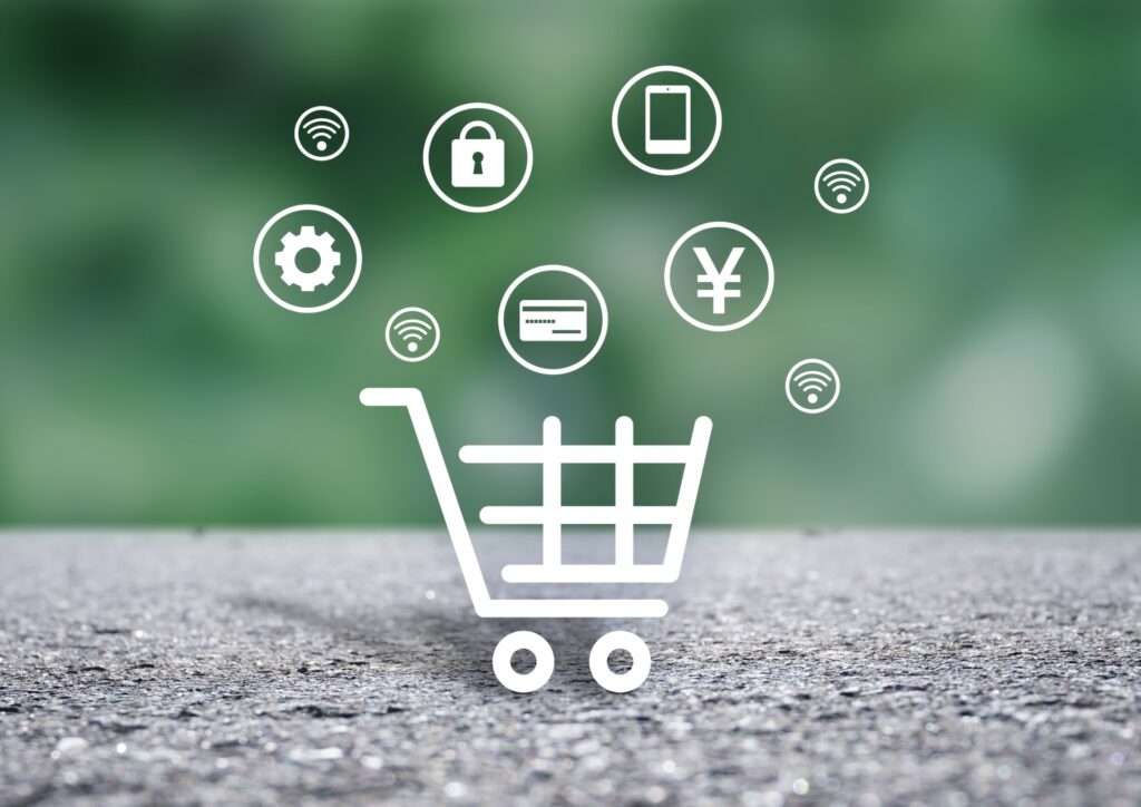 カートの外にクレジットカードやセキュリティのアイコンが浮いている画像