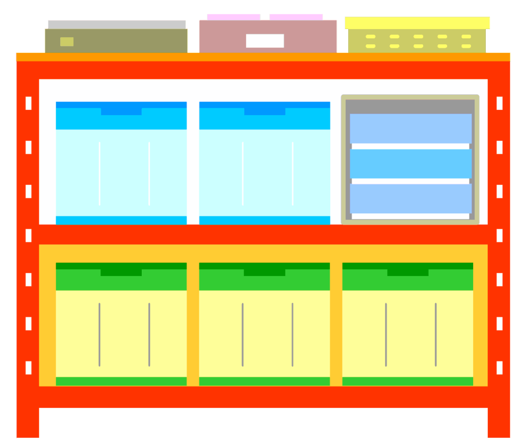 棚に複数種類の箱やかごが置かれている画像