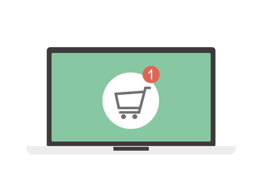 パソコンの画面に、カートアイコンが表示されているイラスト