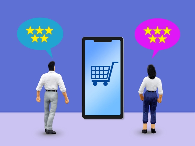 カートアイコンが表示されているスマートフォンの前に、星5評価をしている人が2人並んでいる画像