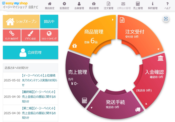 イージーマイショップ管理画面TOPの画像