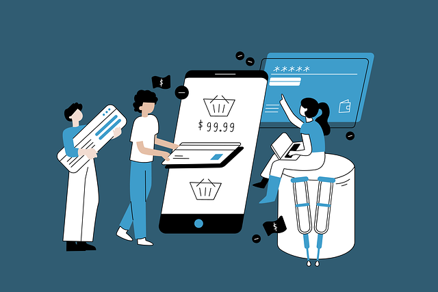 ECサイトが表示されたスマートフォンの周りを人間が取り囲んでいるイラスト