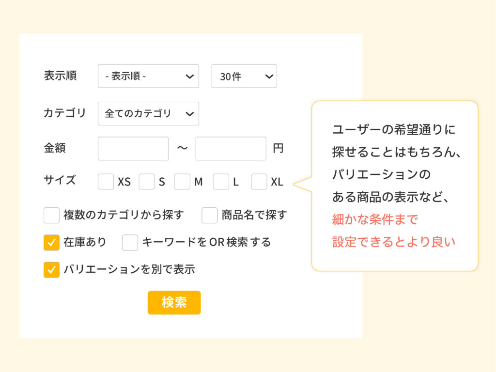 ECサイトにおけるサイト内検索機能につき、推奨の検索条件を説明する画像