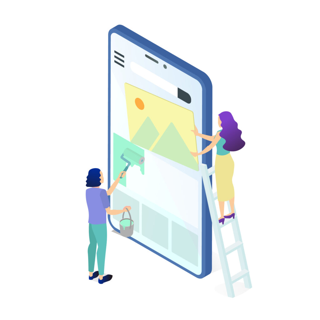 大きなスマートフォンの画面に対し、人が表示パーツの組み立てを行っている様子の画像