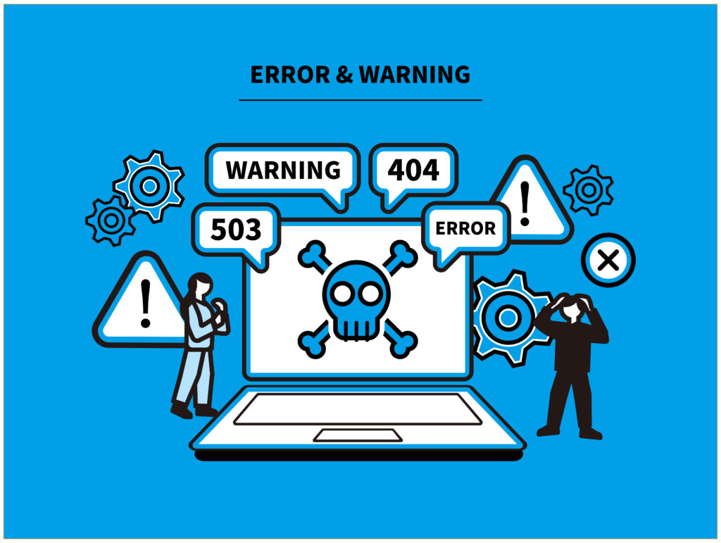 PCの画面に海賊のマークが表示され、周囲にエラーコードが書かれた吹き出しが浮かんでいる画像